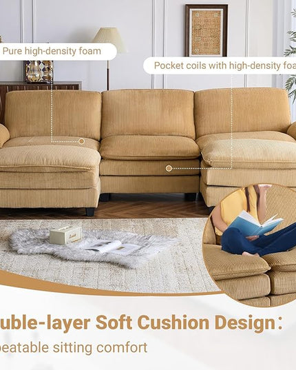 VINGLI 156" Cloud Corduroy Sectional Sofa, Comfy L-Shaped Extra Deep Seat Sofa Couch for Living Room,Modern 4-Seat Convertible Loveseat Sofa with Three Ottomans for Small Space(Khaki)