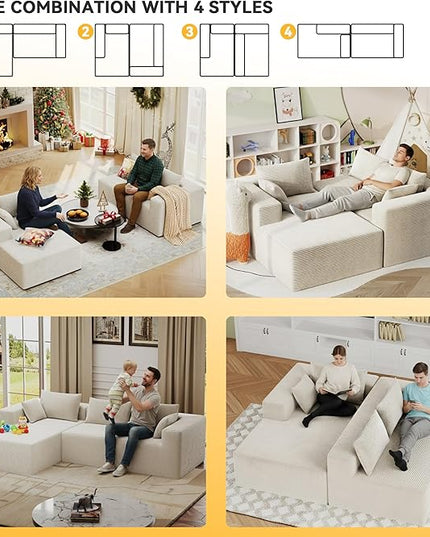 ALISH 111 Inch L-Shaped Cloud Sectional Sofa Couch, Compression Couch with Chaise, Modular Deep Seat Boneless Design for Easy Setup, Plush Upholstered Living Room Bedroom Apartment Furniture, Beige