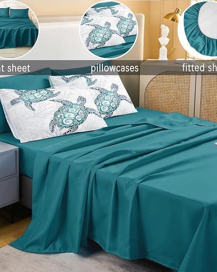 Bedbay Coastal Bedding Ocean Turtle Queen Comforter Set with Sheets Soft Microfiber 8 Pieces Bed in a Bag Queen Teen Boys Sea Turtle Quilt Ocean Comforter Summer Bedding