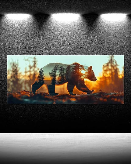 iKNOW FOTO Bear and Forest Canvas Wall Art - Double Exposure Wildlife Photography - Rustic Cabin Decor - Woodland Animal Canvas Prints - Panoramic Pictures for Office, Living Room 20x48