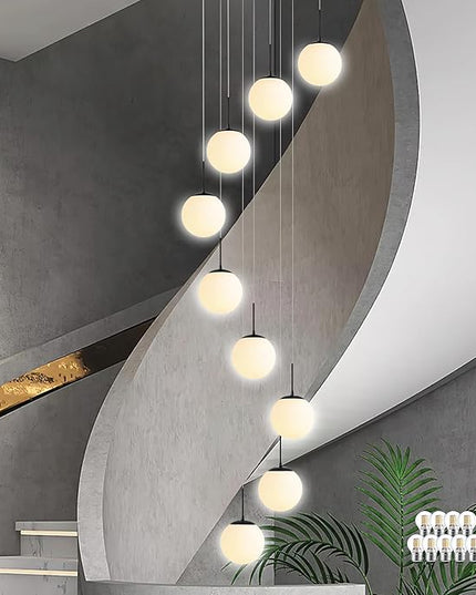 KoKo&Yukina 9-Light Globe Milky White Glass Pendant Light Adjustable Length Pendant Lights Modern Glass Globe Pendant Lights Black Chandeliers Large Chandeliers for High Ceilings (Bulb & Remote Incl)