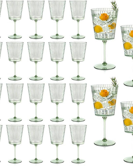 24 PCS Green Plastic Wine Glasses with Removable Stems 13.5 Oz Ribbed Wine Glasses Square White Wine Glass Muted Pastel Colors Goblets Elegant Fluted Glassware for Wedding Anniversary Birthday