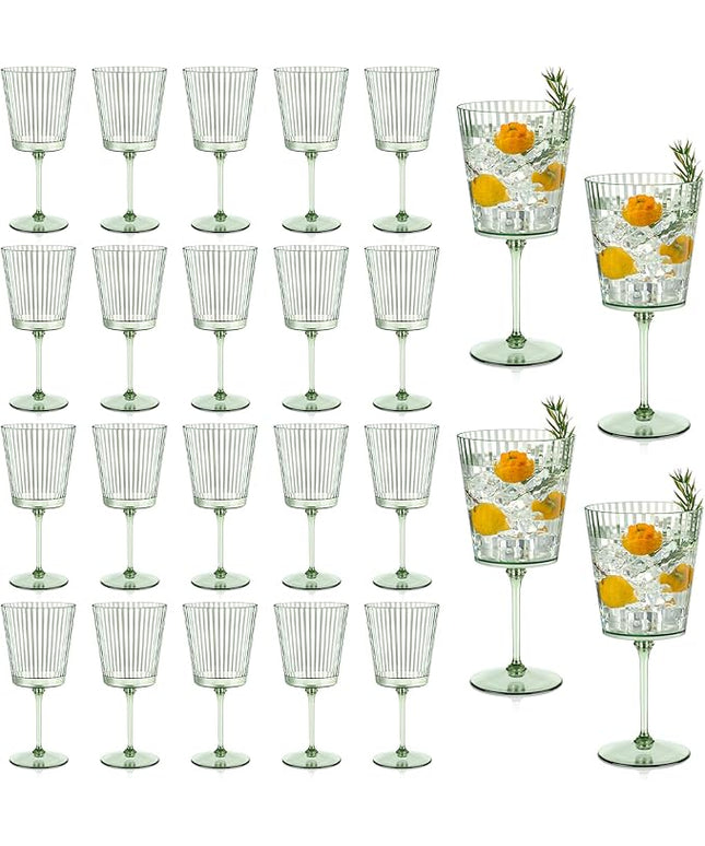 24 PCS Green Plastic Wine Glasses with Removable Stems 13.5 Oz Ribbed Wine Glasses Square White Wine Glass Muted Pastel Colors Goblets Elegant Fluted Glassware for Wedding Anniversary Birthday