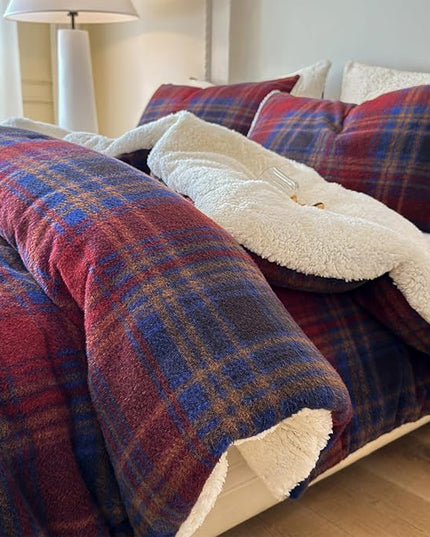 Cyusri Plaid Sherpa Comforter Set 2Pcs Fluffy Warm Fleece Down Alternative, Red Blue Grid Pattern Bedding Set with 1 Pillowcase, Twin Size 68"x90"