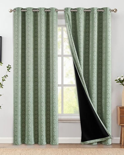 jinchan 95% Blackout Boho Curtains 96 Inch Length for Bedroom White on Sage Green Geometric Printed Grommet Top Room Darkening Thermal Insulated Window Drapes 2 Panels