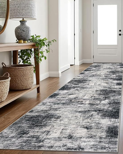 IOHOUZE Abstract Runner Rug 3x16 Ft Long Washable Runners for Hallways, Non Slip Kitchen Runner Printed Faux Wool Entryway Runner Indoor, Modern Abstract Floor Carpet for Hall Stair, Black Grey
