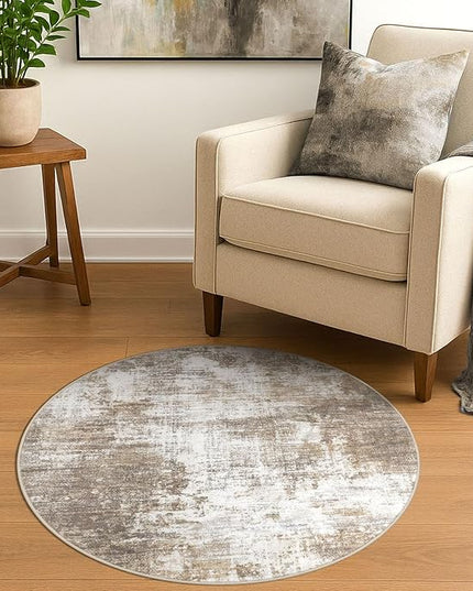 IOHOUZE Round Area Rug 3 Ft Circle Entryway Rugs Round Washable Door Mat Indoor Entrance, Non Slip Circle Front Door Rug, Printed Abstract Faux Wool Floor Carpet for Foyer Porch Sink, Beige Brown