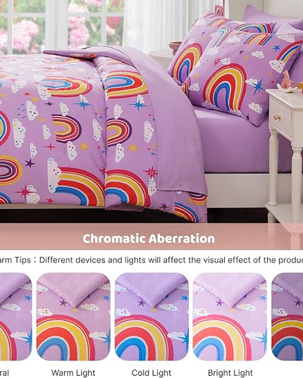 Twin Comforter Set for Girls-5 Pieces Purple Rainbow Glow in The Dark Twin Bedding Sets for Kids, Ultra Soft Bed in A Bag with Sheets