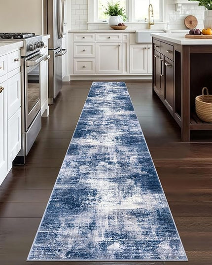 IOHOUZE Abstract Runner Rug 2x12 Ft Washable Runners for Hallways, Non Slip Kitchen Runner Printed Faux Wool Entryway Runner Indoor, Modern Abstract Floor Carpet for Hall Kitchen, Navy/Grey