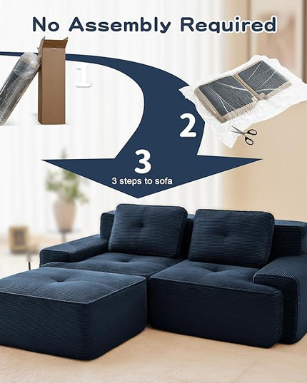 82" Convertible Modular Couches, Deep Seat L Shaped Sofas for Living Room, Modern 2 Seater Love Seat Sofa with 1 Ottoman for Small Space, Comfy Cloud Sectional Sofa Set, Corduroy Fabric Blue
