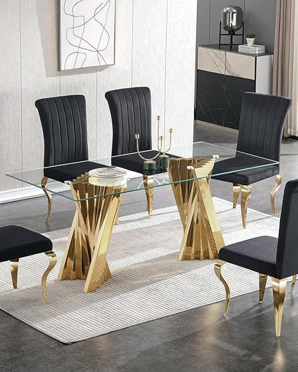 70'' Tempered Glass Top Dining Table With Mirrored Gold Stainless Steel Base for 4-8 People, Modern Rectangular Design for Dining Room and Living Room