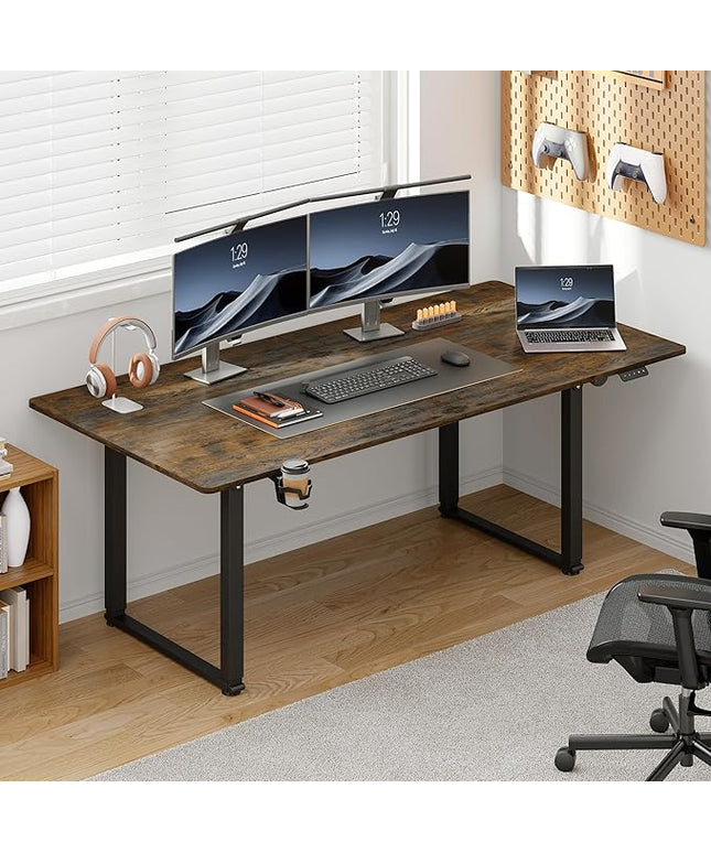 71x32 Inch Adjustable Standing Desk with 4 Legs, Stand-up Desk Features a Rectangular Top, Dual-Motor Lift, and Memory Presets (28-46Inch) for Home Offices or Computer Workstations, Rustic Brown