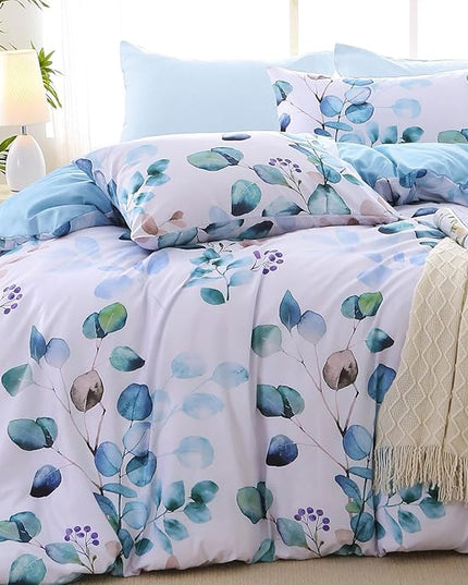 MUXHOMO Bed in a Bag Queen 7 Pieces, Queen Comforter Set Reversible Blue Botanical Flowers Design, Ultra Soft & Breathable Bedding Sets with Comforter, Sheets, Pillowcases & Shams