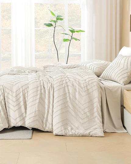 Litanika Super King Size Comforter Set with Sheets Beige - 7 Pieces Bed in a Bag Oversized King Boho Tufted Complete Bedding Sets with Comforter, Sheets, Pillowcases & Shams