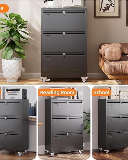 METAN Upgrade 3 Drawers Lateral File Cabinet on Wheels,Steel Office Filing Storage Cabinet with 3 Locks,Assembly Required,Black
