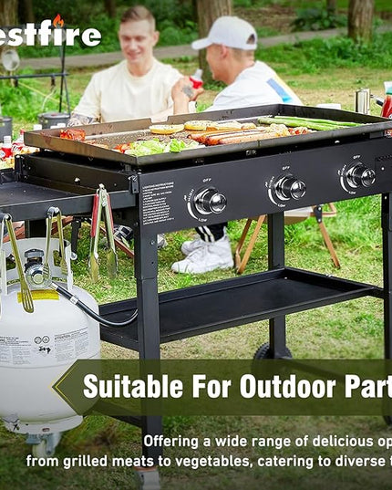 BESTFIRE 3 Burner 35" Flat Top Grill,45,000 BTU Flat Grills Outdoor Cooking with Two Foldable Shelves,Outdoor Griddle with Porcelain-Enameled Cast Iron Grate & Pan for Kitchen,BBQ& Camping