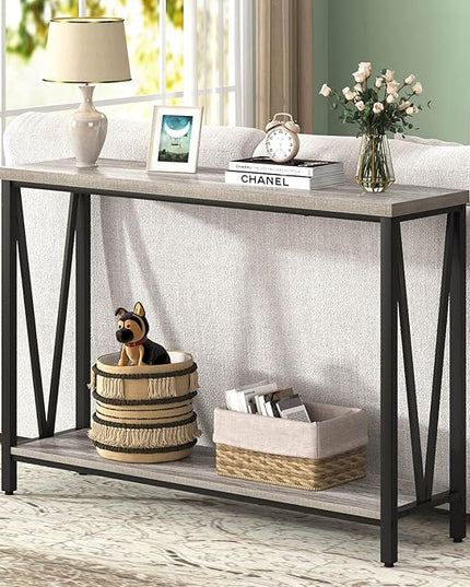 FOLUBAN Industrial Sofa Console Table, Rustic Wood and Metal Entryway Hallway Table for Living Room Entrance, 43.3 Inch Light Grey