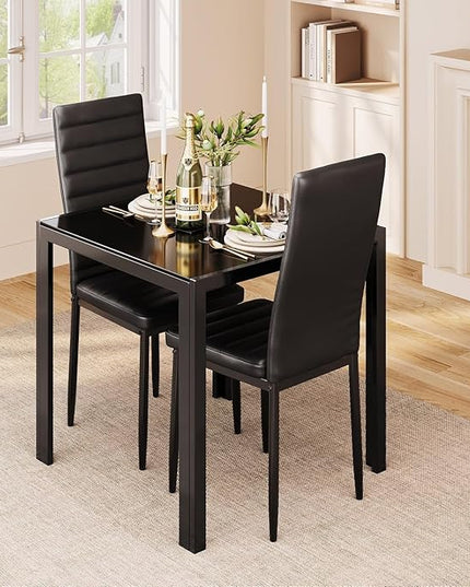 Gizoon 3 Piece Glass Dining Table Set, Kitchen and Chairs for 2, PU Leather Modern Room Sets for Home, Kitchen, Living Room