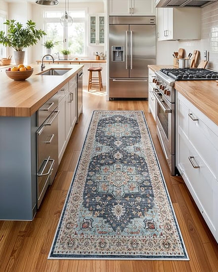 Washable Oriental Hallway Runner Rug - 3x8 Rugs for Living Room Soft Carpet for Bedroom Kitchen Waterproof Floral Distressed Indoor Stain Resistant Non-Shedding Floor Carpets (Blue/Teal/Orange, 3X8)