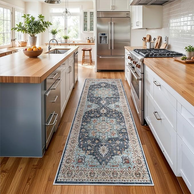 Washable Oriental Hallway Runner Rug - 3x8 Rugs for Living Room Soft Carpet for Bedroom Kitchen Waterproof Floral Distressed Indoor Stain Resistant Non-Shedding Floor Carpets (Blue/Teal/Orange, 3X8)