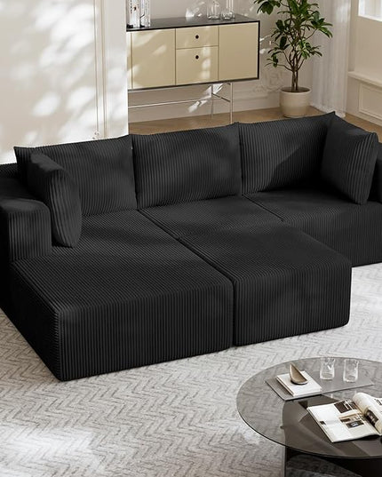 108" Boneless Couches for Living Room, Modular Cloud Couch Sofa - 4 Pieces U Shap Corduroy Sectional Sofa, Fluffy Memory Foam Sleeper Sofa Furniture, No Assembly, Wide Armrest, Black