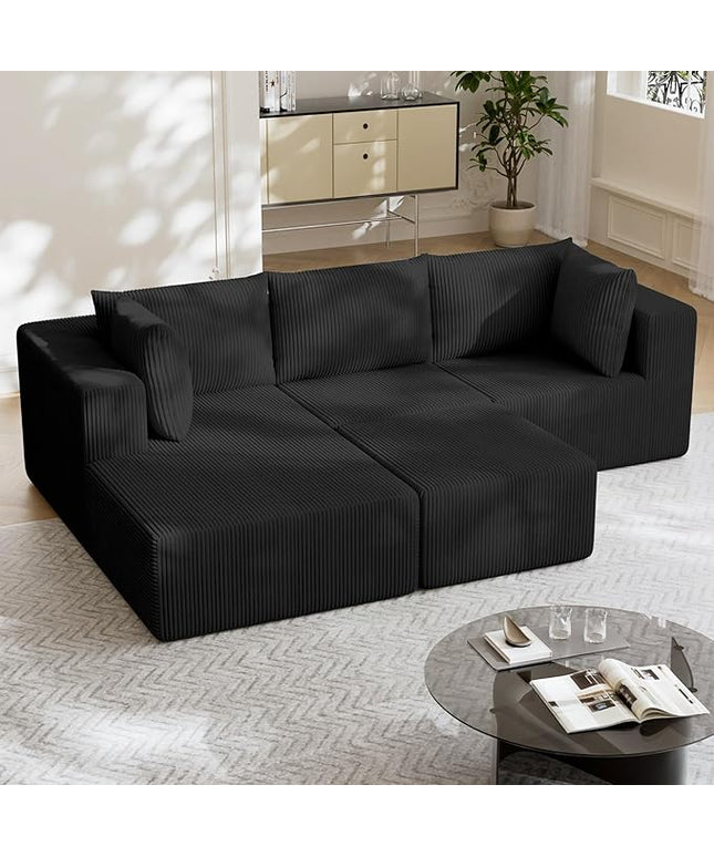 108" Boneless Couches for Living Room, Modular Cloud Couch Sofa - 4 Pieces U Shap Corduroy Sectional Sofa, Fluffy Memory Foam Sleeper Sofa Furniture, No Assembly, Wide Armrest, Black