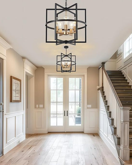 19'' Black and Gold Chandeliers for Dining Room, 5-Light Modern Farmhouse Industrical Pendant Light Fixture Rustic Geometric Hanging Chandelier for Kitchen Island Entryway Hallway Foyer