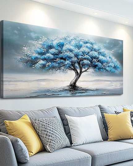 FUHAIHUA Farmhouse Wall Decor For Living Room Large Canvas Wall Art For Bedroom Office Decorations Blue Tree Paintings Abstract Wall Pictures Artworks Ready To Hang Home Decor Mural Art 24"X48"