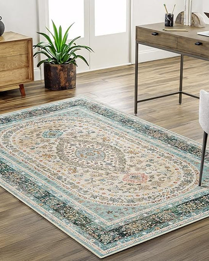 Blue Rug 3x5,Washable Area Rugs for Bedroom Living Room Kitchen Entryway,Small Boho Vintage Bohemian Distressed Oriental Non Slip Carpet,Floral