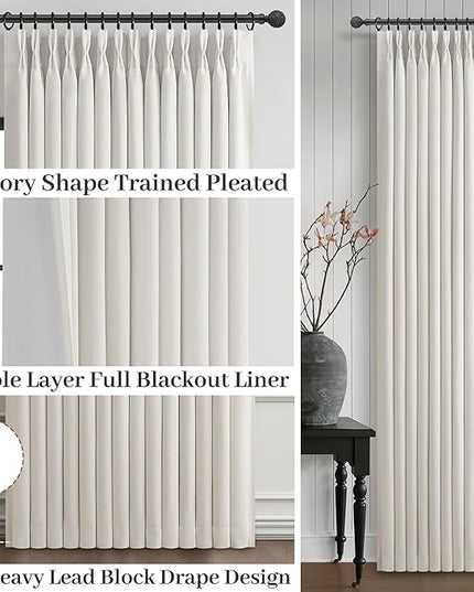 100% Blackout Curtains 78 Inches Long 2 Panel Set for Nursery, Memory Trained Pinch Pleated Linen Off White Modern Window Drapes Thermal Room Darkening 78 Inch Double Layer Thick Curtain