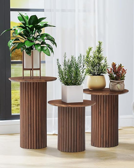 Round Nesting Coffee Table Set of 3,Mid Century Modern Fluted Coffee and End Table Set,Small Circle Wooden Side Table Drink Table for Living Room (Walnut)