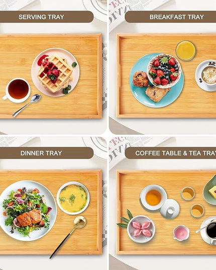 Wooden Serving Tray with Handles Decorative Bamboo Large Coffee Table Food Trays for Breakfast Dinner Bed Restaurants Party or Home Decor Outdoor Scenarios 2 Packs