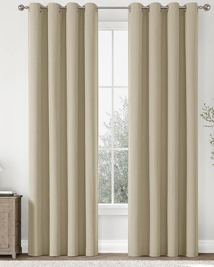 ChrisDowa 100% Blackout Tan Solid Curtains 84 Inches Long 2 Panels for Bedroom Living Room,Farmhouse Room Darkening Thermal Insulated Soundproof Grommet Top Window Treatment Drapes,52x84