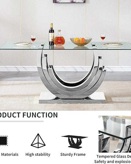 Goujxcy 70" Modern Glass Dining Table for 6-8, Luxury Silver Glass Dining Room Table with Mirrored Ring-Shape Stainless Steel Base, Rectangle Kitchen Dinner Tables for Dining Room Kitchen