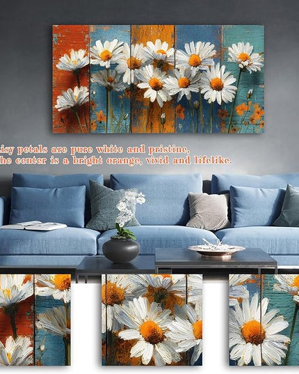 HUADAOART Daisy Flower Canvas Wall Art Rustic Wood Background Contemporary Living Room Decor 40 x 20 inches