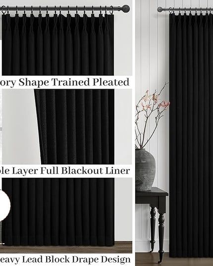 Floor to Ceiling Black Linen Curtains 102 Inches Long for Dining Room 2 Panels Set, Full Blackout Pinch Pleated Thermal Heat Reducing Drapes with Hooks for 100-102 Inch Large Window Double Layer Burg