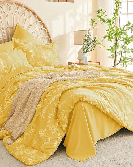 MUXHOMO Bright Yellow Bed in a Bag King 7 Pieces, King Comforter Set Reversible Botanical Flowers Design, Ultra Soft & Breathable Bedding Sets with Comforter, Sheets, Pillowcases & Shams