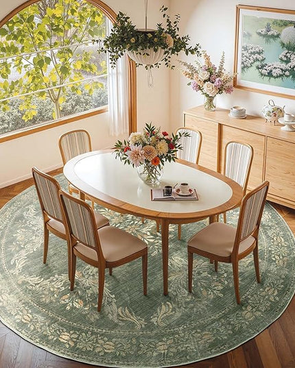 jinchan Round Rug 7ft Area Rugs, Vintage Floral Distressed Design Machine Washable Soft Non-Slip Low-Pile Ultra-Thin Christmas Circle Rug for Living Room Dining Room Home Office (7' Round, Dark Green)