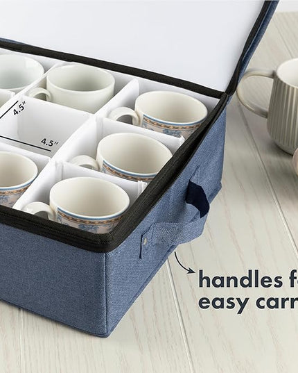 Hard Shell China Storage Containers 5-Piece Set Moving Boxes for Dinnerware, Glasses, Plates, Mugs and Saucers Sturdy Dish Organizer with Dividers for Seasonal Storage - Service for 12 - Denim Blue