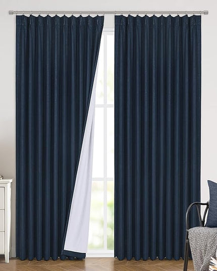 Vision Home Navy Blue Pinch Pleated Full Blackout Curtains Linen Blended Room Darkening Window Panels 84 inch for Living Room Bedroom Thermal Insulated Pinch Pleat Drapes with Hooks 60" Wx84 Lx1