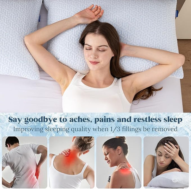 puredown® Cooling Pillows Queen Size 1 Pack, Memory Foam Pillows Adjustable Firm Bed Pillows for Sleeping, Cool Pillow for Hot Sleepers with Zipper Removable Pillow Cover