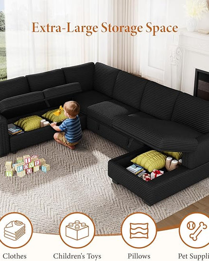 Vesgantti 113.6" Modular Sectional Sofa with Pull Out Couch Bed, 7 Seater U Shaped Sleeper Sofa with Storage Chaise, Corduroy Sectional Couch for Living Room, Bedroom, Apartment, Black