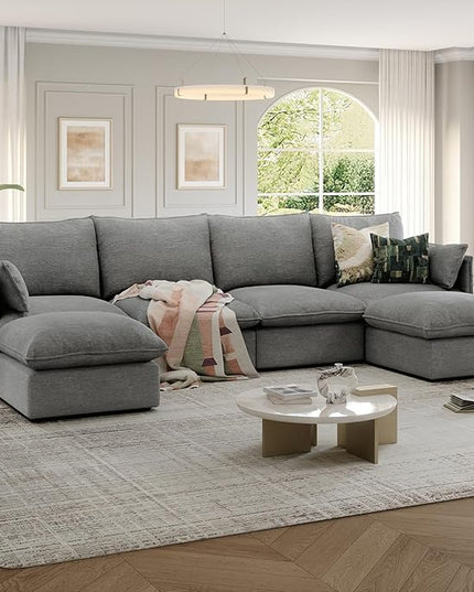 124" Cloud Modular Sectional Sofa, Waterproof Down Filled Sectional Couch, High Backrest U Shaped 4 Seater Couch with 2 Ottomans, Modern Modular Sofas with Removable Cover, Dark Gray