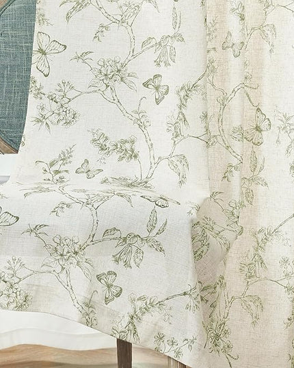 Lazzzy Linen Green Floral Farmhouse Curtains 96 Inches Long Drapes for Living Room Bedroom Pattern Light Filtering Country Vintage Curtain Grommet Top, 2 Panels, Green on Beige