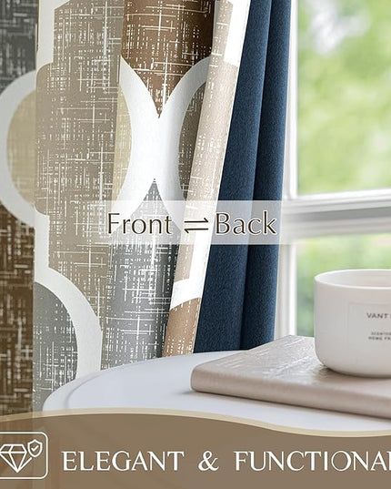 Beauoop 100% Blackout Curtains 90 Inches Long 2 Panels for Bedroom Living Room Brown Grey Moroccan Geo Room Darkening Thermal Insulated Soundproof Grommet Top Window Treatments Drapes, 50x90 Set of 2