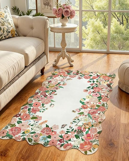 Wonnitar Washable Area Rug 3x5, Soft Camellia Floral Pink Rugs for Bedroom Living Room, Non Slip French Scalloped Flower Nursery Rug Throw Carpet for Kids Room Decor Bedside Entryway (Pink,3'x5')