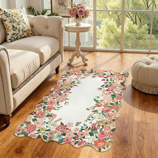 Wonnitar Washable Area Rug 3x5, Soft Camellia Floral Pink Rugs for Bedroom Living Room, Non Slip French Scalloped Flower Nursery Rug Throw Carpet for Kids Room Decor Bedside Entryway (Pink,3'x5')