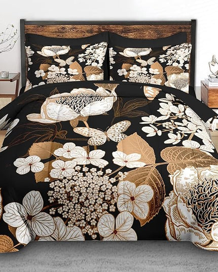 Comforter Set King Size, Hydrangea Butterfly Flower 7 Pcs Bedding for Kids and Adults, Black Gold Bed Sheet Sets with Fitted Sheet 2 Pillowcase & 2 Sham for Bedroom Bed Decor