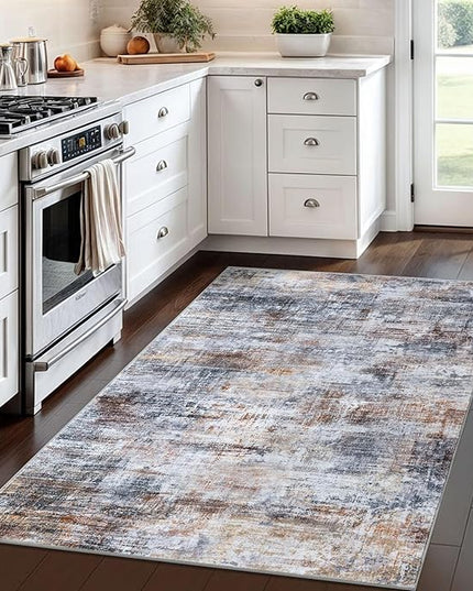 IOHOUZE Abstract Area Rug 4x6 Ft Washable Rugs for Entryway Indoor, Non Slip Small Living Room Rugs Printed Faux Wool Throw Rug, Floor Carpet for Kitchen Nursery Playroom, Orange Grey