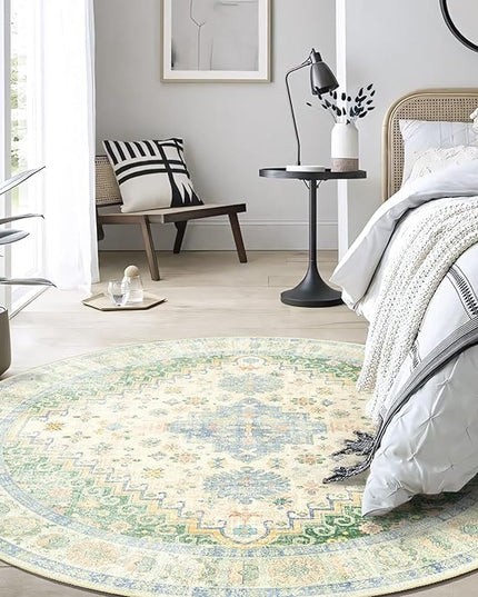 MUJOO Round Rugs 5ft,Circle Area Rug Washable,Circular Rugs for Living Room Dining Room,Boho Non Slip Throw Carpet Light Green and Blue